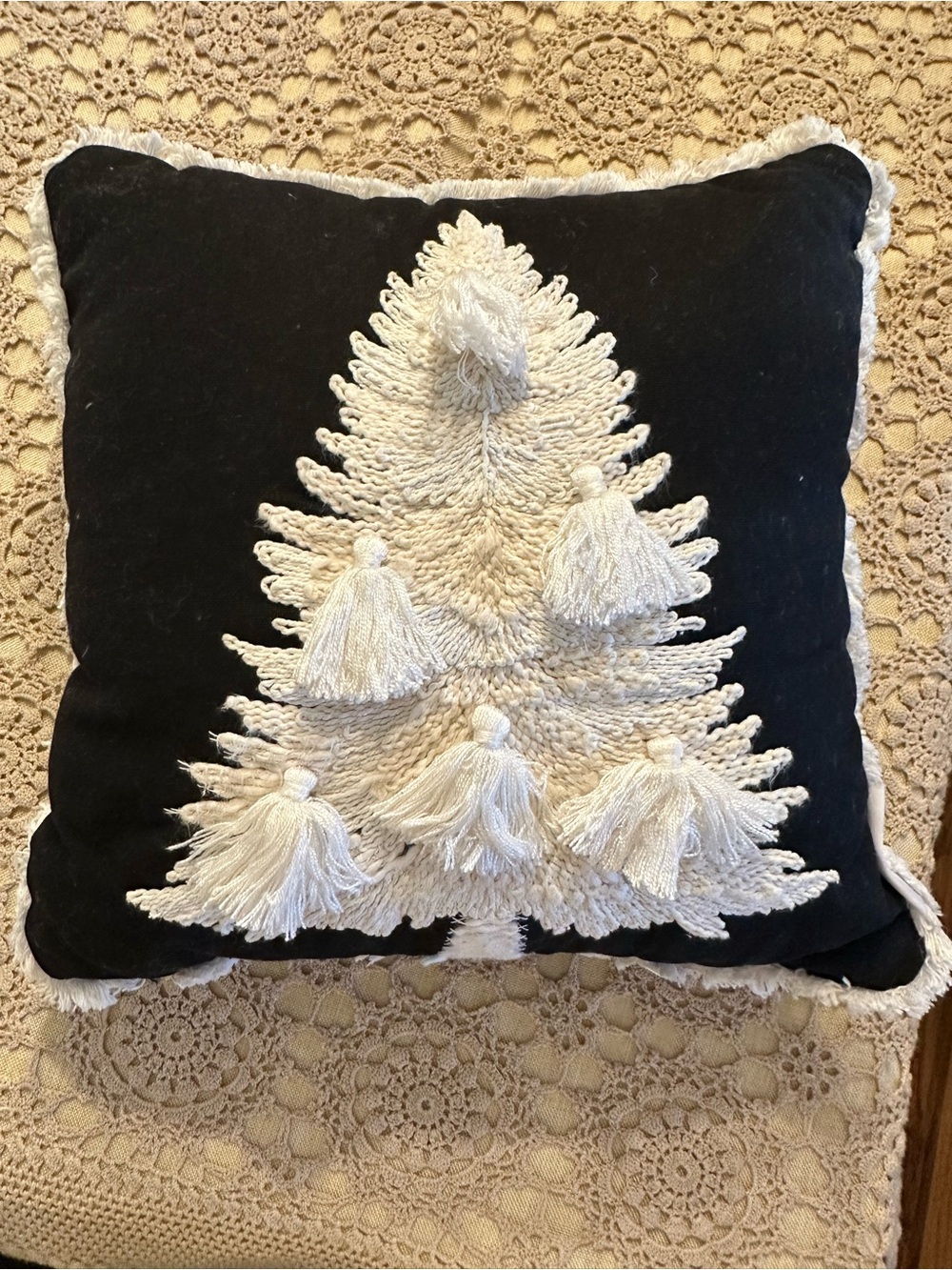 Small 12 x 12 Pillow with Cream Tassel Christmas Holiday Tree Accent